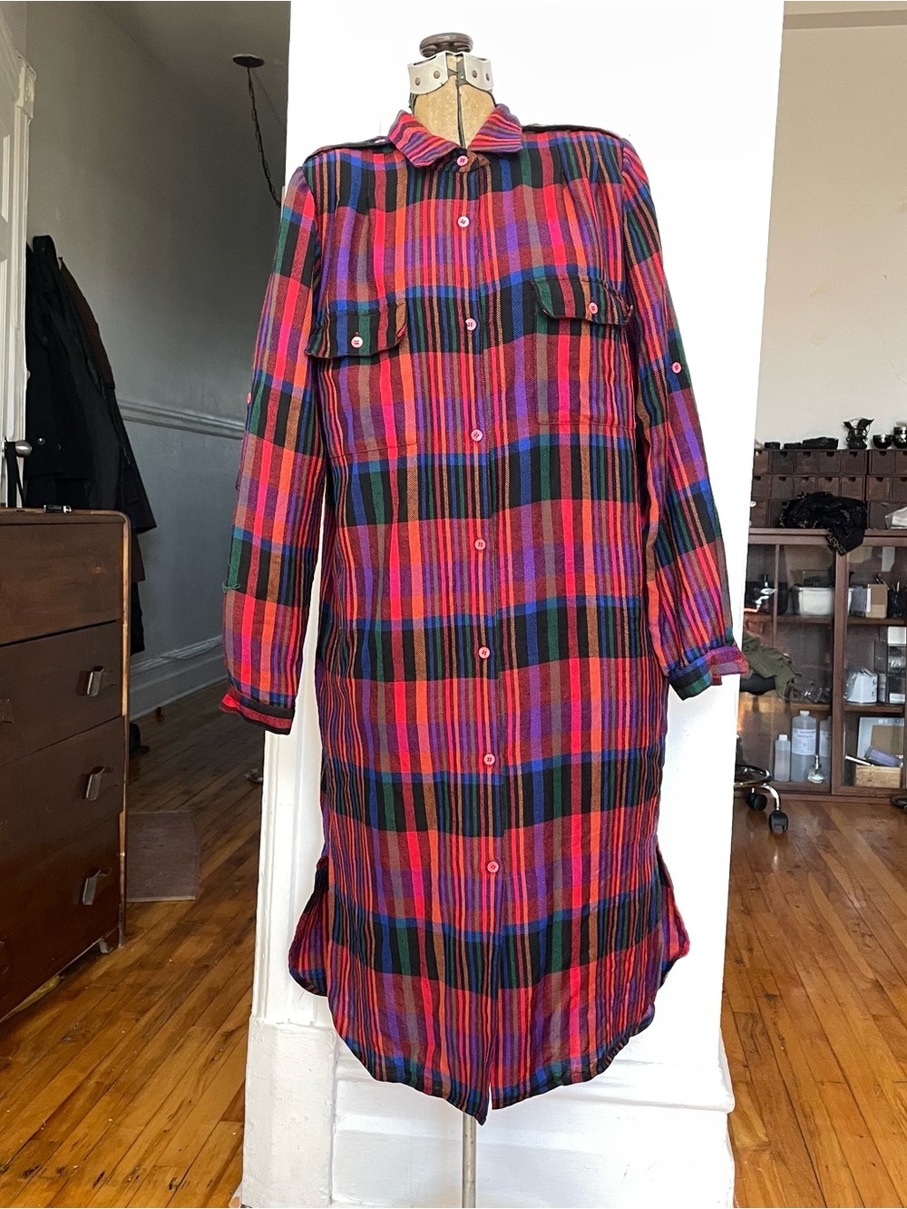 Plaid Button-Down Shirt Dress in Red, Pink & Black